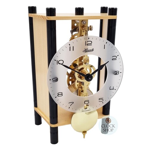 19cm Natural Wood & Black Mechanical Skeleton Table Clock By HERMLE