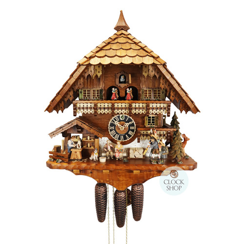 Toy Peddler & Wood Carver 8 Day Mechanical Chalet Cuckoo Clock With Dancers 50cm By HÖNES image