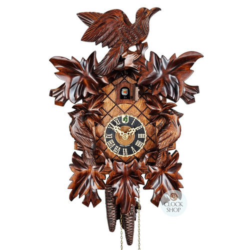 5 Leaf & Bird 1 Day Mechanical Carved Cuckoo Clock With Side Birds 35cm By HÖNES image