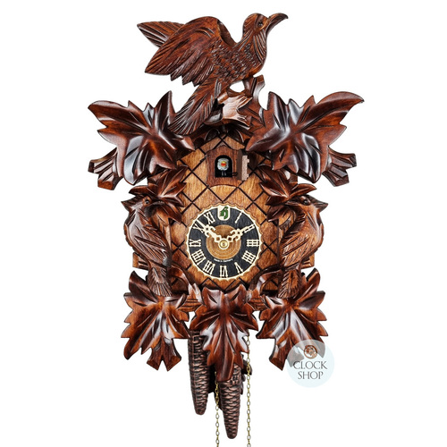 5 Leaf & Bird 1 Day Mechanical Carved Cuckoo Clock With Side Birds 35cm By HÖNES