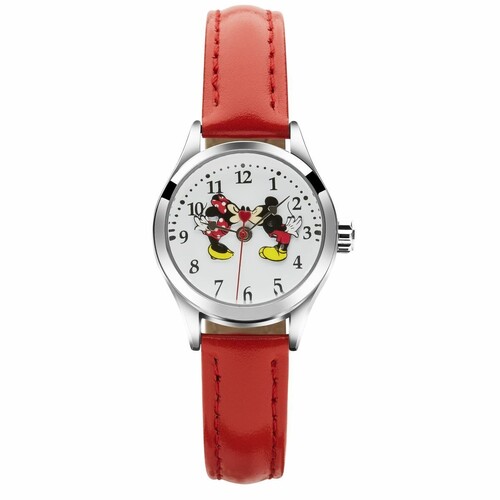 DISNEY Petite Mickey & Minnie Mouse In Love Watch With Red Leather Band 