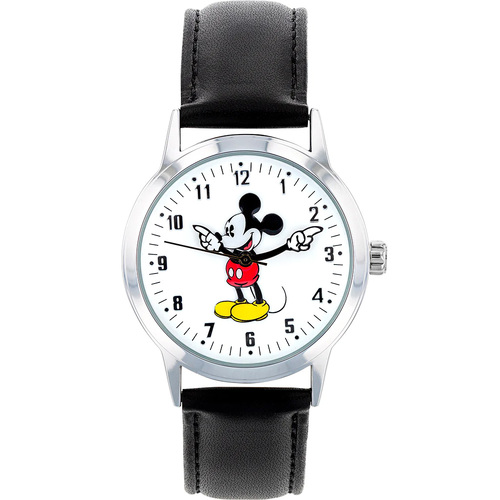 35mm Disney Bold Mickey Mouse Unisex Watch With Black Leather Band & White Dial