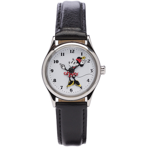 34mm Disney Original Minnie Mouse Womens Watch With Black Leather Band & White Dial