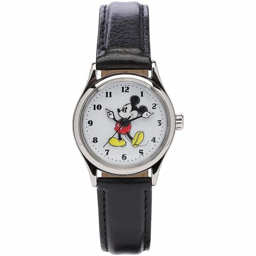 34mm Disney Original Mickey Mouse Unisex Watch With Black Leather Band & White Dial