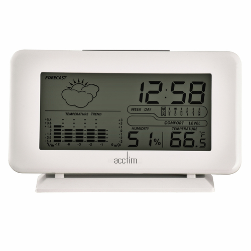 8cm Vega White LCD Digital Alarm Clock With Weather Station By ACCTIM image