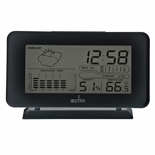 8cm Vega Black LCD Digital Alarm Clock With Weather Station By ACCTIM image