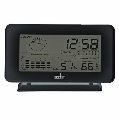 8cm Vega Black LCD Digital Alarm Clock With Weather Station By ACCTIM