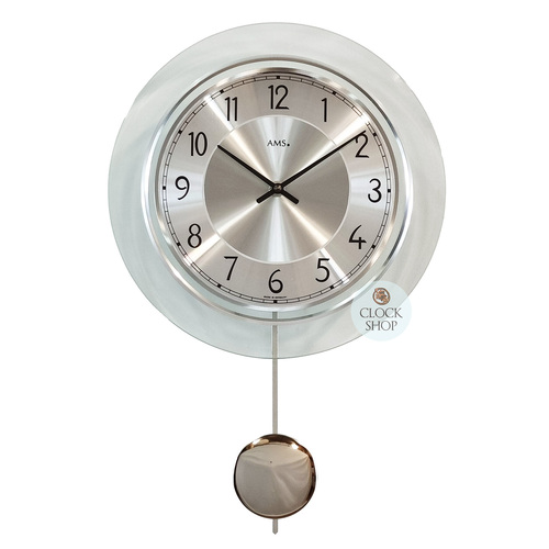 28cm Silver Round Glass Pendulum Wall Clock By AMS