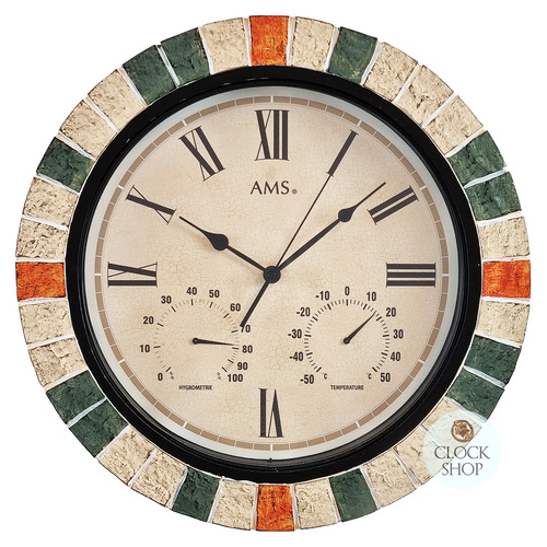 46cm Indoor / Outdoor Tiled Round Silent Wall Clock With Weather Dials By AMS