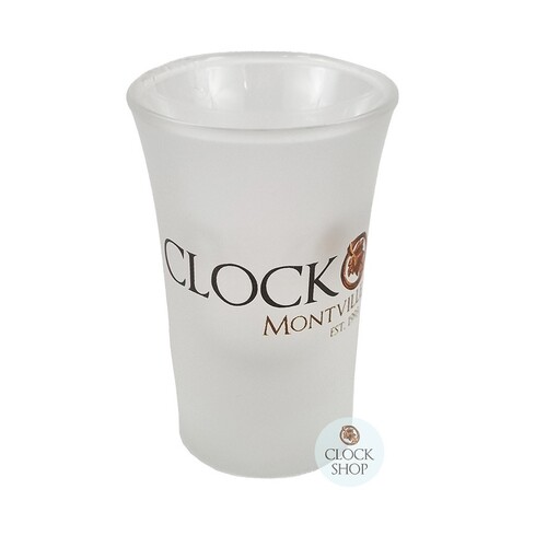Frosted Shot Glass With Clock Shop Logo