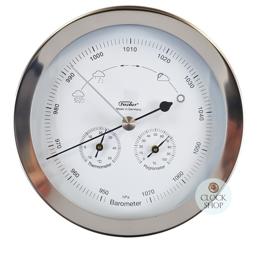 16cm Silver Barometer With Thermometer & Hygrometer By FISCHER