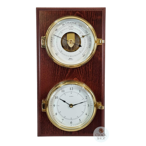 42cm Mahogany Nautical Weather Station With Quartz Clock & Barometer By FISCHER
