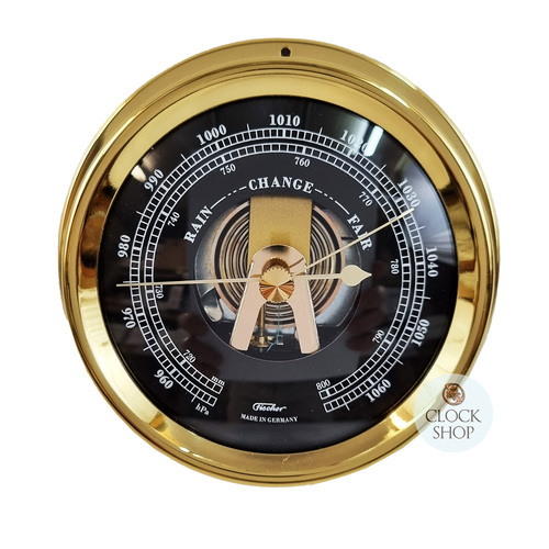 12.5cm Polished Brass Barometer With Black Dial By FISCHER