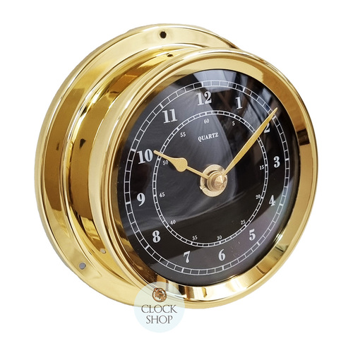 12.5cm Polished Brass Nautical Quartz Clock With Black Dial By FISCHER
