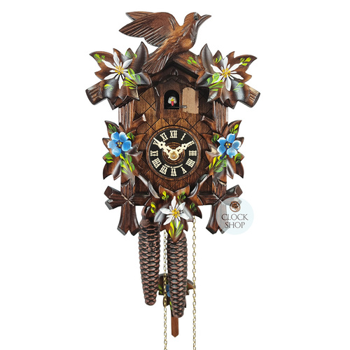 5 Leaf & Bird with Blue & White Flowers 1 Day Mechanical Carved Cuckoo Clock 22cm By ENGSTLER image