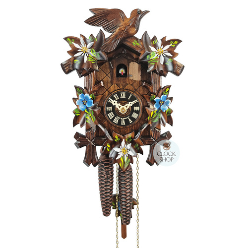 5 Leaf & Bird with Blue & White Flowers 1 Day Mechanical Carved Cuckoo Clock 22cm By ENGSTLER