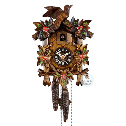 5 Leaf & Bird With Red Flowers 1 Day Mechanical Carved Cuckoo Clock 22cm By ENGSTLER