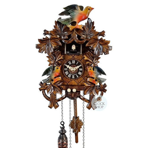 Coloured Birds & Nest Battery Carved Cuckoo Clock 26cm By ENGSTLER
