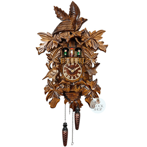Birds & Leaves Battery Carved Cuckoo Clock With Dancers 43cm By ENGSTLER