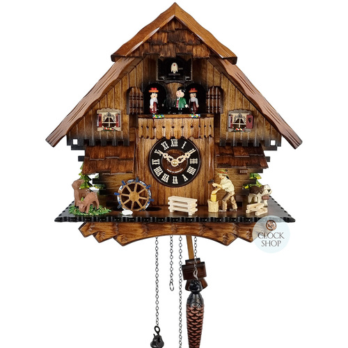 Wood Chopper, Water Wheel & Dancers Battery Chalet Cuckoo Clock 33cm By ENGSTLER