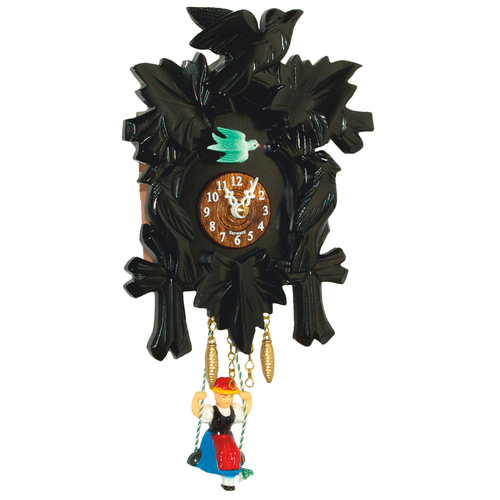 Birds & Leaves Black Battery Carved Kuckulino With Swinging Doll 17cm By TRENKLE