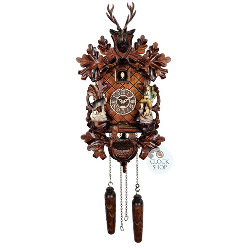 Hunter & Deer Battery Carved Cuckoo Clock 42cm By TRENKLE