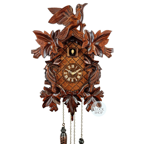 5 Leaf & Bird Battery Carved Cuckoo Clock With Side Birds 40cm By TRENKLE
