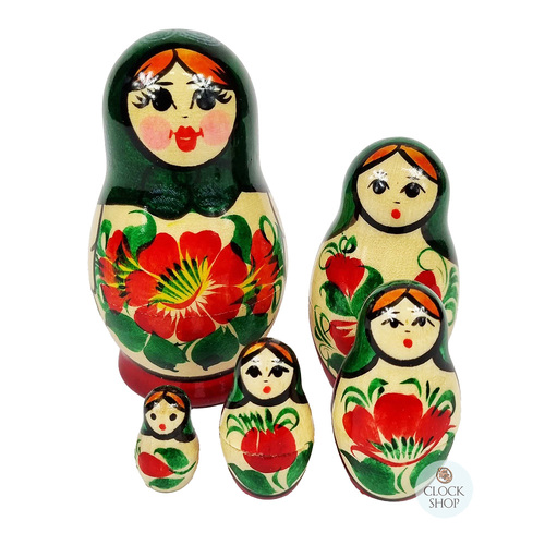 Kirov Russian Nesting Dolls 5 Set With Green Scarf & Red Dress 9cm