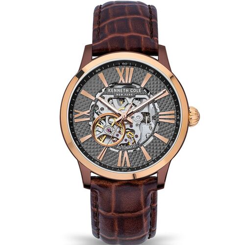 43mm Grey Rose Gold Automatic Mens Watch With Skeleton Dial Brown Leather Band By KENNETH COLE Watches Clock Shop