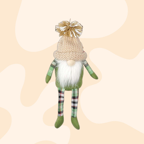 36cm Green Tartan Gnome With Beige Knitted Beanie