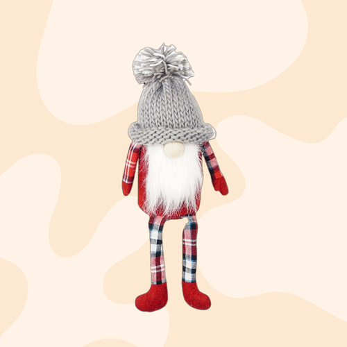 Fraser- The Tartan Clan | 36cm Red Tartan Gnome With Grey Knitted Beanie