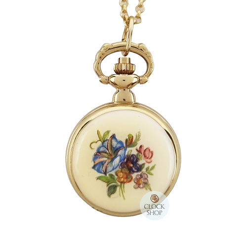 24mm Gold Womens Pendant Watch With Blue Flowers By CLASSIQUE (Roman) image