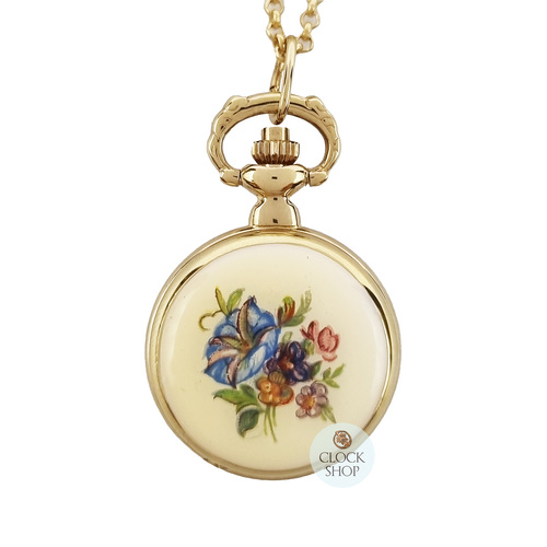 24mm Gold Womens Pendant Watch With Blue Flowers By CLASSIQUE (Roman)