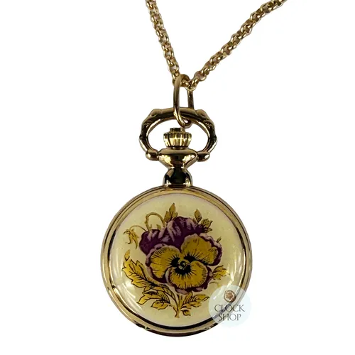 24mm Gold Womens Pendant Watch With Purple Flowers By CLASSIQUE image