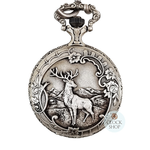 48mm Rhodium Mens Pocket Watch With Deer & Hunting Dogs By CLASSIQUE (Arabic) image