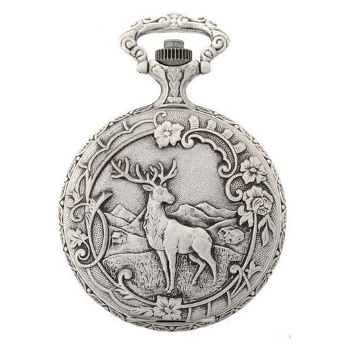 48mm Rhodium Mens Pocket Watch With Deer & Hunting Dogs By CLASSIQUE (Arabic)