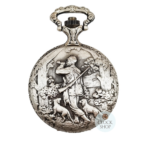 48mm Rhodium Mens Pocket Watch With Hunter & Dogs By CLASSIQUE (Arabic)