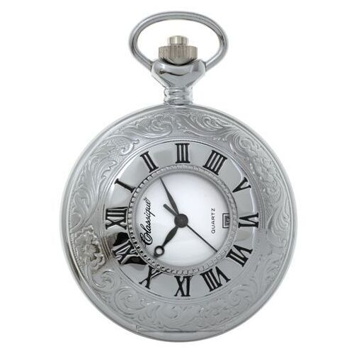 48mm Rhodium Unisex Pocket Watch With Open Dial & Swirl By CLASSIQUE (Roman)