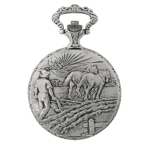 48mm Rhodium Mens Pocket Watch With Farmer & Horses By CLASSIQUE (Roman)