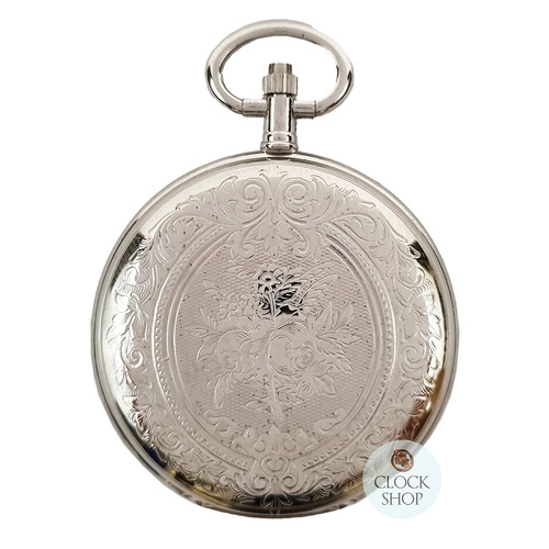 4.1cm Floral Crest Rhodium Plated Pocket Watch By CLASSIQUE (Roman)