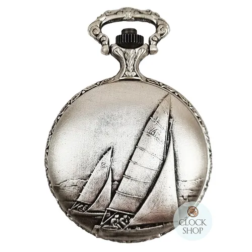 48mm Rhodium Unisex Pocket Watch With Sailing Boat By CLASSIQUE (Roman)
