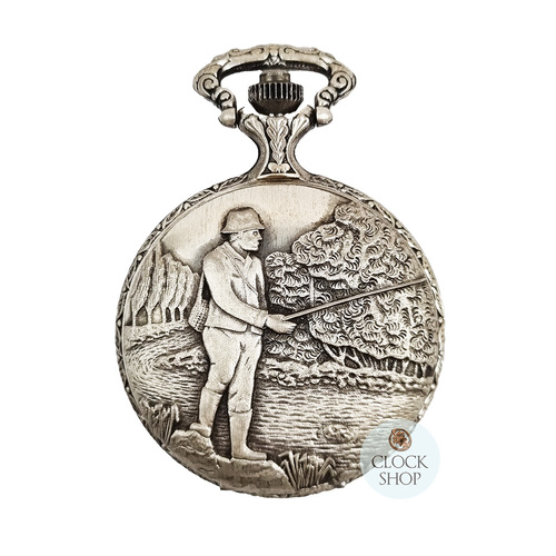 48mm Rhodium Mens Pocket Watch With Fisherman By CLASSIQUE (Roman)