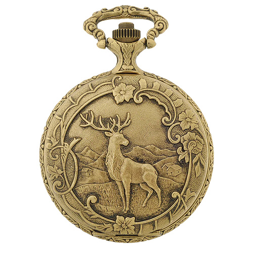 48mm Gold Mens Pocket Watch With Deer & Hunting Dogs By CLASSIQUE (Roman)