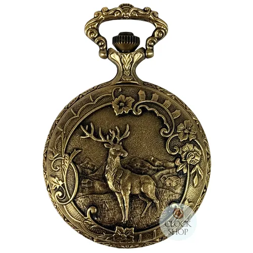 48mm Gold Mens Pocket Watch With Deer & Hunting Dogs By CLASSIQUE (Roman) image