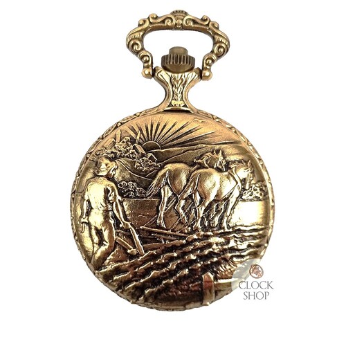 48mm Gold Mens Pocket Watch With Farmer & Horses By CLASSIQUE (Arabic)