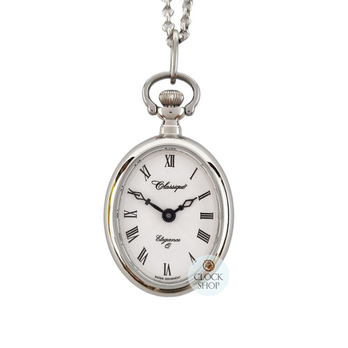 25mm Rhodium Womens Oval Pendant Watch With Open Dial By CLASSIQUE (Roman)