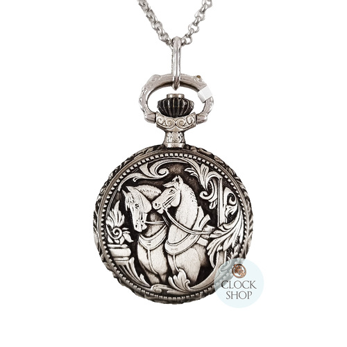 27mm Rhodium Womens Pendant Watch With Two Horses By CLASSIQUE (Roman) image