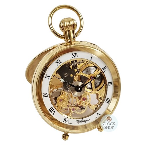 Gold Plated Mechanical Skeleton Open Dial Desk Pocket Watch By