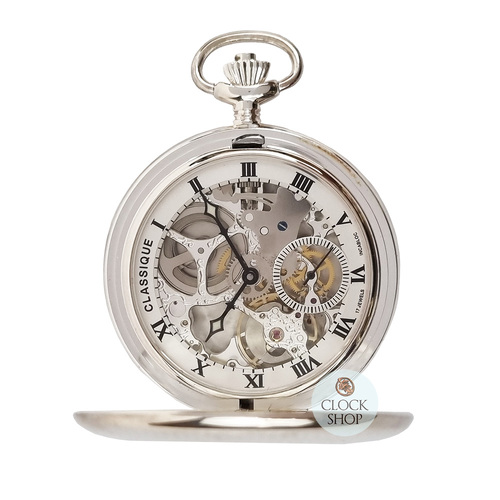 5.9cm Sterling Silver Mechanical Skeleton Swiss Pocket Watch By CLASSIQUE (Roman)