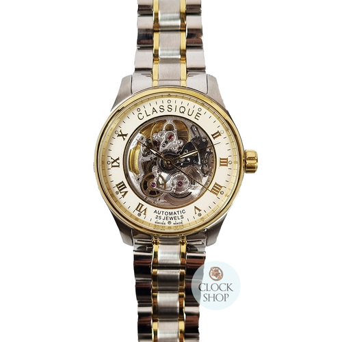 40mm Mens Two Tone Gold Plated Swiss Automatic Skeleton Watch By CLASSIQUE